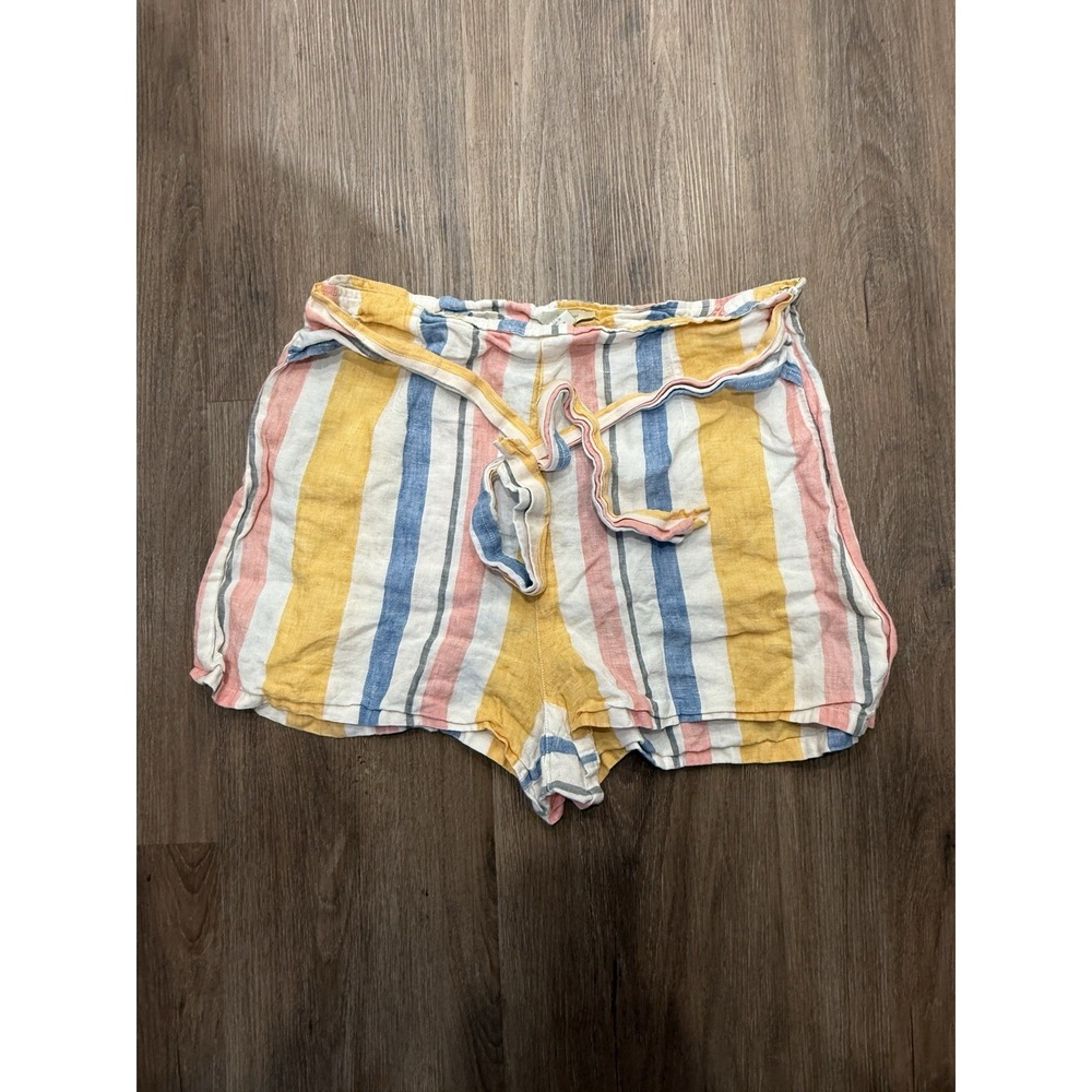 C&C California Shorts Womens 12 Colorful Stripe Linen Paperbag Waist Belted Boho